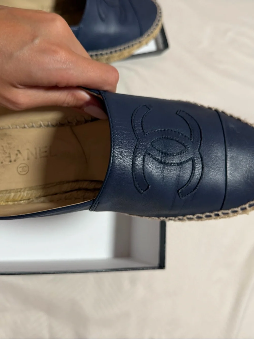 AUTHENTIC CHANEL Dark Navy Leather CC Espadrille Flats